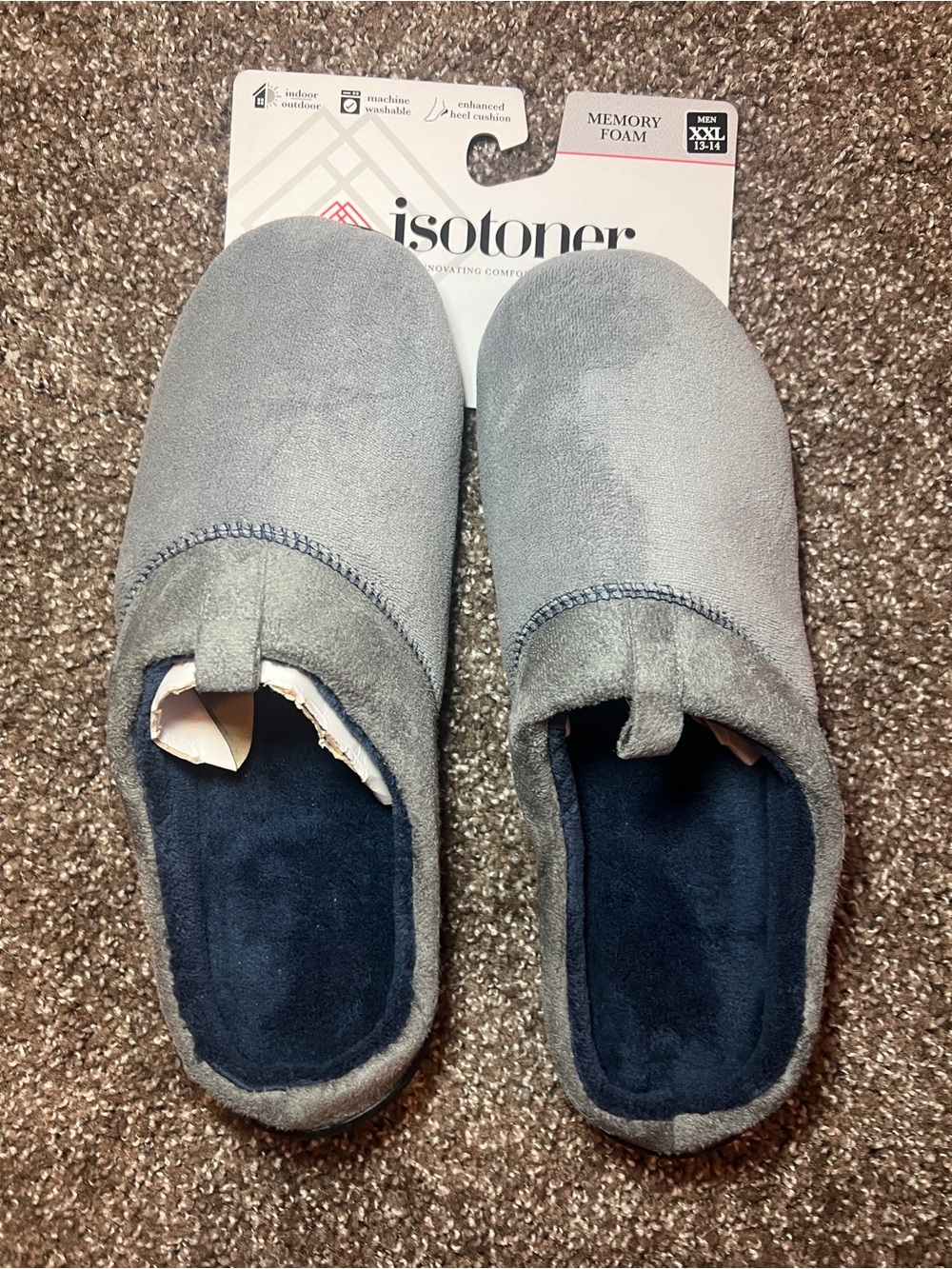 isotoner Men Gray Slip-On Memory Foam Slippers with Navy Insole